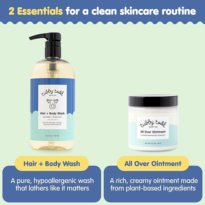 TUBBY TODD's Baby Body Wash & All Over Ointment Eczema Set - Gentle, Hypoallergenic Skincare for Newborns & Toddlers - 25oz, Lavender Rosemary