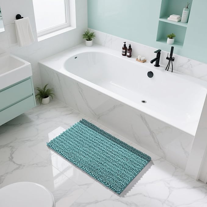 Yimobra Large Bathroom Rugs Non Slip Washable 36x24 Inch - Ultra Soft Absorbent Chenille Bath Mat, Quick Dry Shaggy Floor Carpet for Tub Shower, Teal Blue Home Decor Accessories