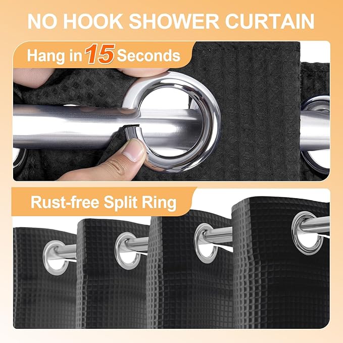 River Dream No Hook Cotton Blend Shower Curtain with Snap in Liner, Hotel Grade Shower Curtains for Bathroom, Water Repellent, Black, 71" Wx74 L