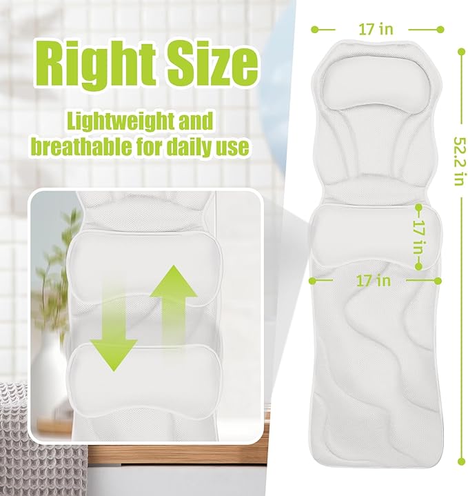 Full Body Bath Pillow for Tub - Extra Long & Thick Tub Pillow with Head, Back & Lumbar Support, 168 Non-Slip Suction Cups, Soft 5D Mesh Spa Cushion, Fits All Tubs-Gift for Soaking
