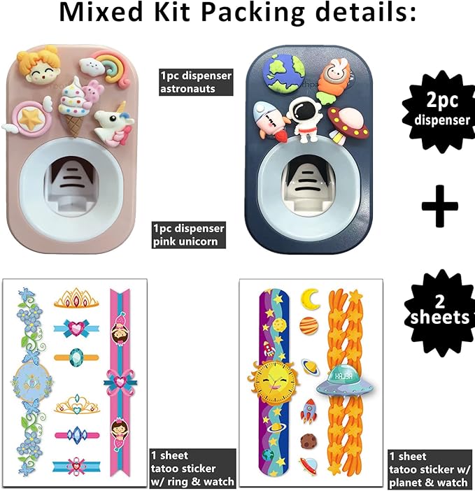 Automatic Kid Toothpaste Dispenser Wall Mounted for Bathroom,Toothpaste Squeezer for Kids & Family Shower by Mr. Thumbs (2pc,Astronaut& Unicorn)