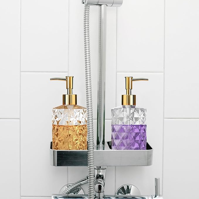 Clear Glass Soap Dispenser with Gold Plastic Pump, 2 Pack 12oz Diamond Hand Soap Dispenser, Refillable Lotion Dispenser & Dish Bathroom Dispenser for Liquid, Shower Gel