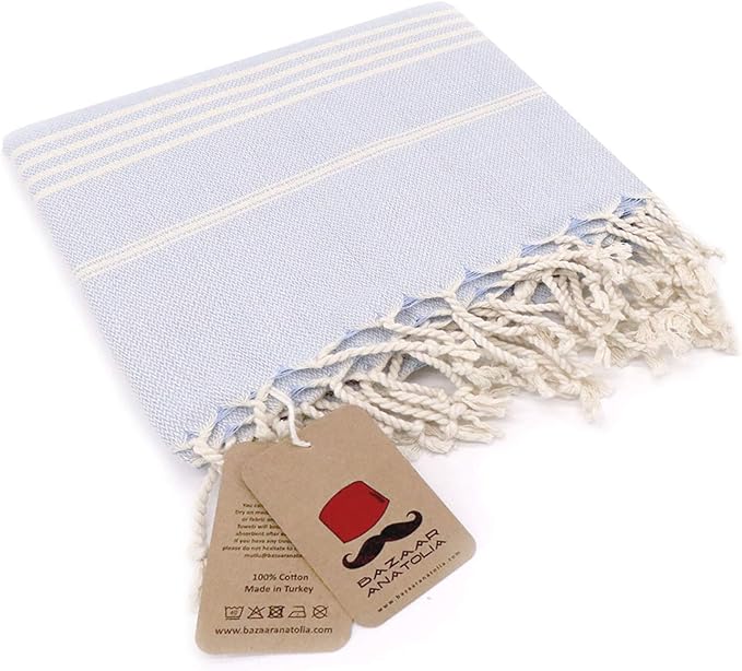 Bazaar Anatolia Slim Line Turkish Towel 100% Cotton Peshtemal Beach Towel 76x38 Thin Lightweight Travel Camping Bath Sauna Gym Pool Blanket Quick Dry Towels (Blue) - Made in Turkiye