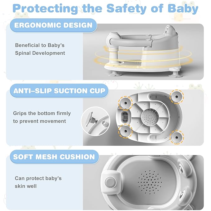 Baby Bath Seat for Babies 6 Months & up Non-Slip Toddler Bath Seats for Sitting Up Infant Bathtub Chair with Suction Cups and Soft Cushion for Baby Shower Tub Seat
