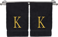 Monogrammed Hand Towel, Personalized Initial Gift, Extra Absorbent 100% Turkish Cotton - Soft Terry Finish - Set of 2 - Gold Block Initial K - Embroidered on Black Towels