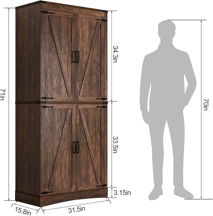 71" Tall Kitchen Pantry,Farmhouse Storage Cabinet with Adjustable Shelves,Load-Bearing Steel Pipe,Farmhouse Pantry Cabinet with 4 Barn Doors, for Kitchen,Dining Room,Living Room(Brown)