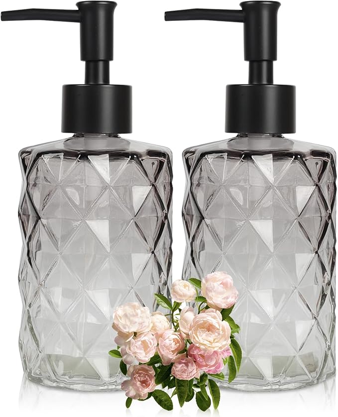 Glass Soap Dispenser with Plastic Pump, 2 Pack 12oz Gradient Diamond Design Black Soap Dispenser for Dishwashing Liquid, Lotion Shower Gel