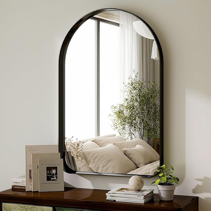 GLSLAND 24”x36“ Black Arched Bathroom Mirror - Aluminum Alloy Framed Wall- Matted Wall Mirrors for Bedroom, Entryway Mirrors for Wall