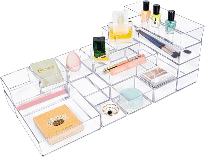 Stackable Acrylic Drawer Organizer Set, 18 PCS Multi-Size Storage Bins for Makeup, Office Desk, Bathroom, Vanity and Kitchen Utensils