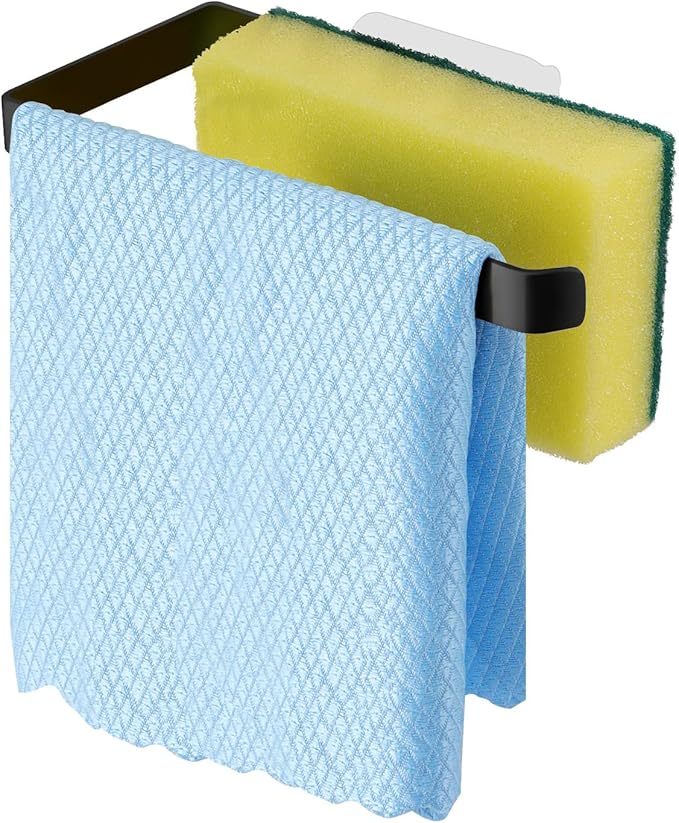 GAViA Kitchen Sink Sponge Holder - Sponge and Dish Cloth Hanger, Adhesive Rustproof Kitchen Sink Rack, 304 Stainless Steel, No Drilling (Black)