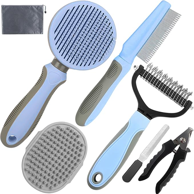 Dog Brush for Shedding,7 PCS Pet Grooming Brush Kit to De-fur & Hair Slicker Deshedding Brushes with Undercoat Rake Comb Bath Brush&Nail Clipper for Grooming Short Long Haired Dogs Cats Blue
