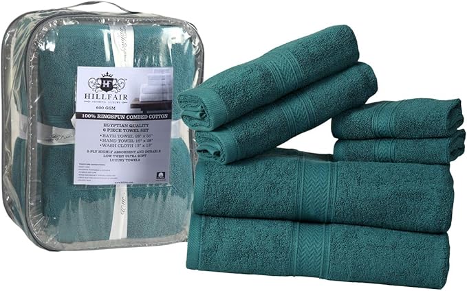 HILLFAIR Premium 600 GSM 6 Piece Set - 2 Bath Towels, 2 Hand Towels & 2 Washcloths - Teal Cotton, Machine Washable, Hotel Quality, Super Soft & Highly Absorbent