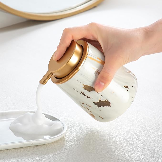 Enra Ceramic Gold Foaming Soap Dispenser,12 oz Marble Foam soap Dispenser Bathroom Refillable Hand Soap Dispenser for Bathroom Kitchen with Easy-to-Press Pump (Glod Foam Type)