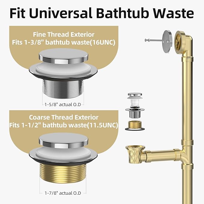 Chrome Plated Tub Drain Kit with Hair Catcher, Premium Brass Tip-Toe Bathroom Tub Drain Replacement and 2-Hole Overflow Faceplate, 11.5/16 UNC Bathtub Drain Stopper Assembly