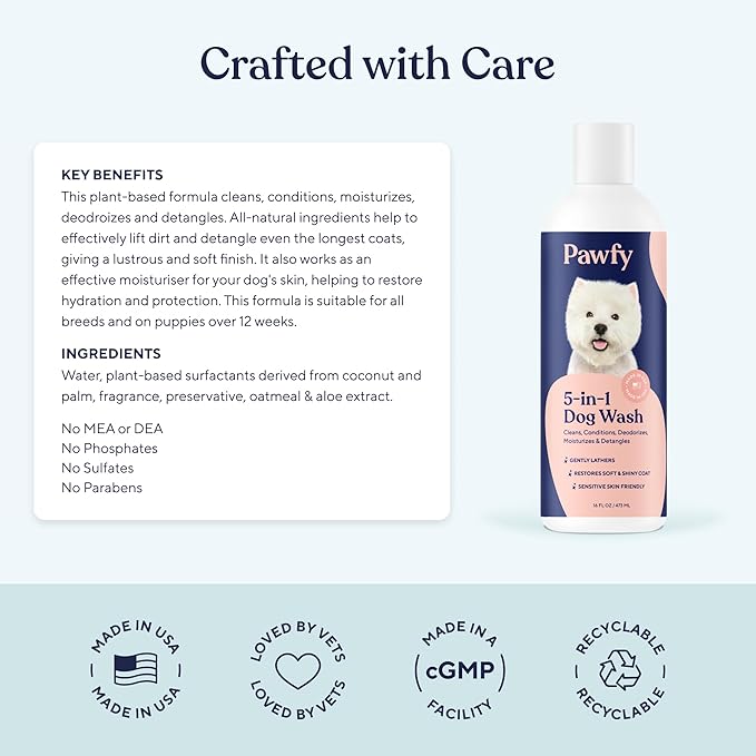 Pawfy Dog Shampoo and Conditioner for Itchy Skin Relief | Puppy Shampoo for Sensitive Skin | Natural 5 in 1 Pet Shampoo with Coconut, Oatmeal & Aloe Vera| Ideal Dog Wash for Smelly Dogs