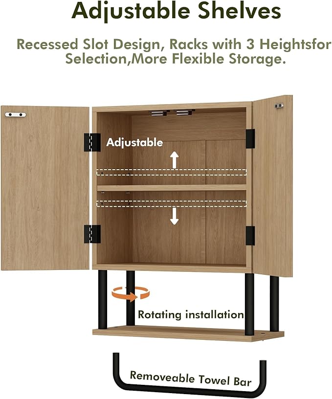 RUSTOWN Farmhouse Bathroom Wall Cabinet with 2 Door, 3-Tier Curved Profile Wooden Medicine Cabinet, Wall Mounted Storage Cabinet with Adjustable Shelf and Towel Bar (Natural, Small)
