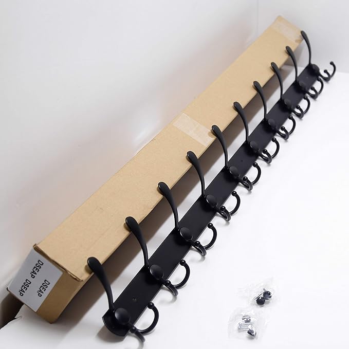 Dseap Coat Rack Wall Mount - 38” Long 10-Tri-Hooks Heavy Duty Coat Hanger Rail Wall Hooks for Hanging Coats Hats Clothing Clothes Purse Mudroom Entryway, Black