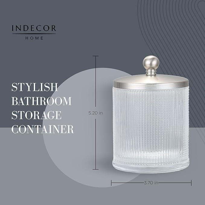 Clear Transparent Apothecary Ribbed Geometric Etched Glass Jar W/Satin Nickel Metal Lid for Bathroom Organization, Cotton Balls, Q Tips, and Small Accessories, Bathroom Storage