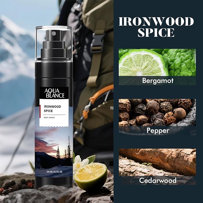 Body Spray for Men, Mens Body Refreshing Spray, Long Lasting, Pack of 3, Each 3.4 Fl Oz, Total 10.2 Fl Oz, Ironwood Spice, Sailor' s Essence, Leather Citrus
