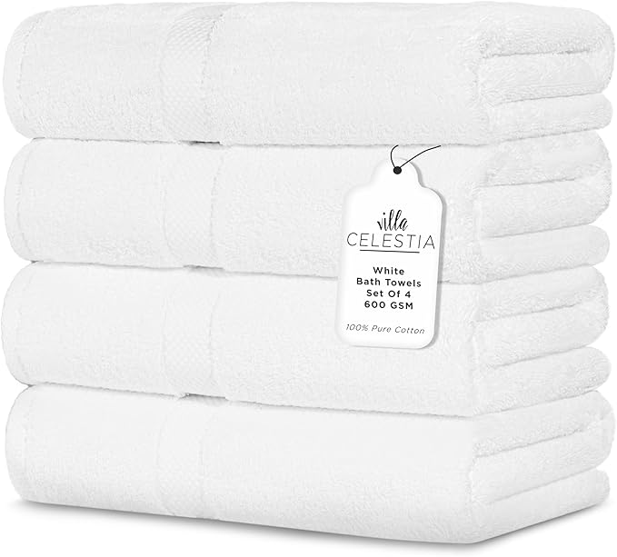 600 GSM 100% Cotton Bath Towels, White, Set of 4, Highly Absorbent, Plush, Soft, Quick Dry, 4 Pieces Combed Cotton Luxury Towels for Hotels, Spa, Salon, Bathroom, Dorm, Pack of 4