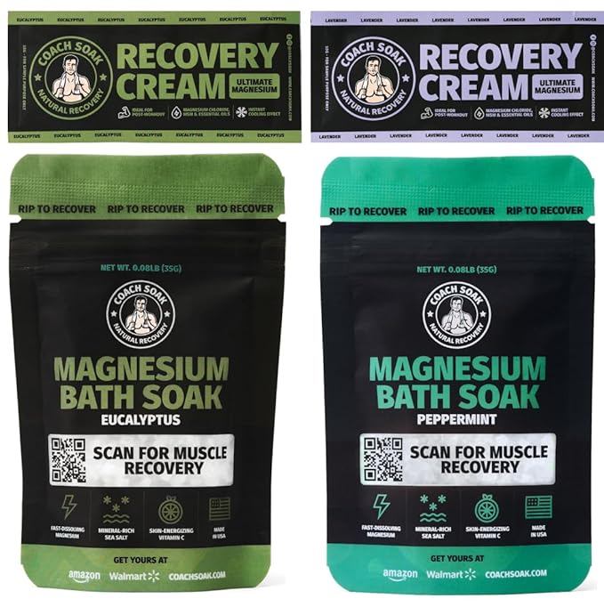 Coach Soak Magnesium Bath Flakes Mint & Lotion Trial Pack - Absorbing Magnesium Cream with Menthol - 0.18 lb (4 Pack) - Mixed Scents