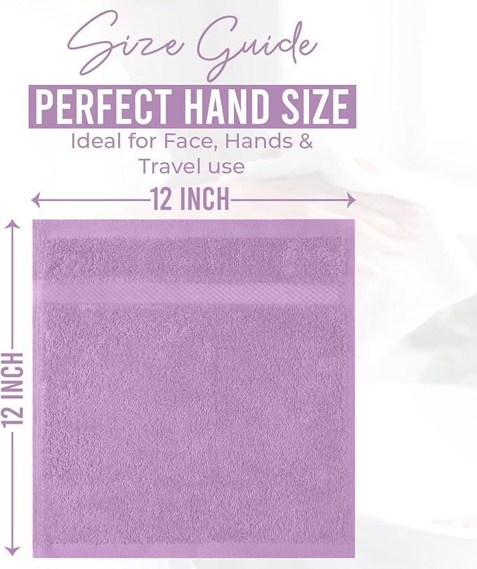 DAN RIVER 12-Pack Premium 100% Cotton Lavendar Face Towels – Reusable Face Towel Set, Soft & Absorbent Wash Rags for Bathroom & Body – Hand and Face Towels, 550 GSM (12x12 in)