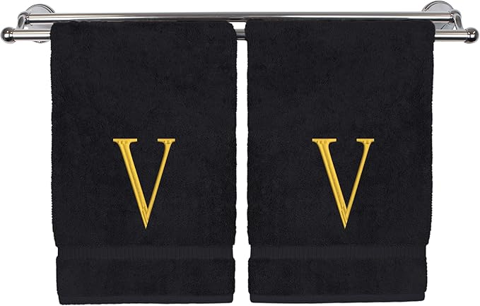 Monogrammed Hand Towel, Personalized Initial Gift, Extra Absorbent 100% Turkish Cotton - Soft Terry Finish - Set of 2 - Gold Block Initial V - Embroidered on Black Towels