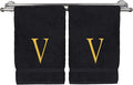 Monogrammed Hand Towel, Personalized Initial Gift, Extra Absorbent 100% Turkish Cotton - Soft Terry Finish - Set of 2 - Gold Block Initial V - Embroidered on Black Towels