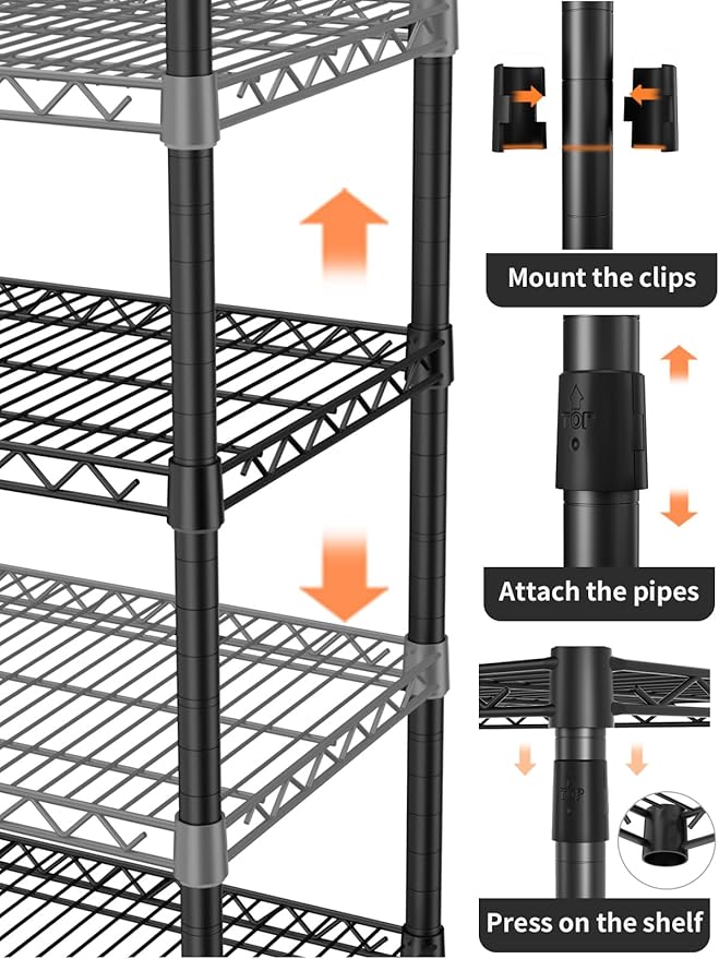 5 Tier Heavy Duty Adjustable Storage Shelf Organizer Storage Metal Shelves Garage Wire Shelving Unit Pantry Rack 18" D x 36" W x 71.25" H,Black