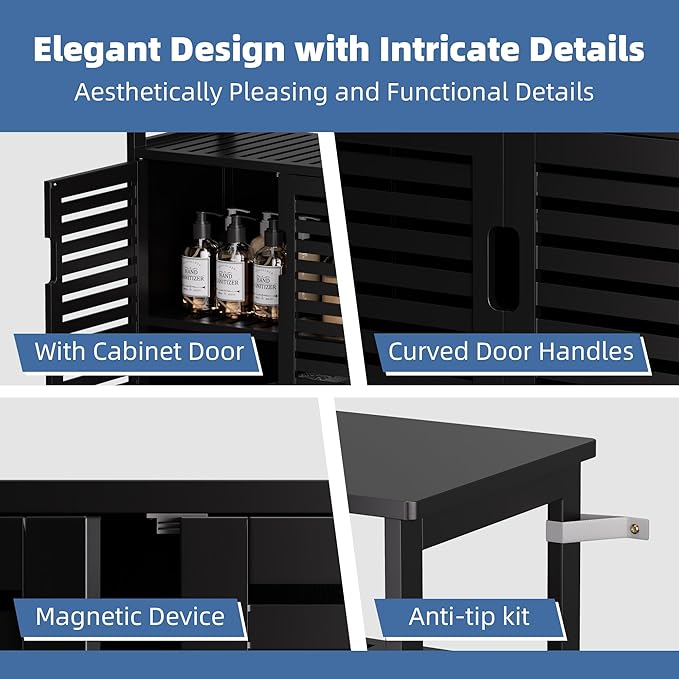 HITNET Black Bathroom Storage Cabinet, Freestanding Bamboo Floor Cabinet 4 Tier Tall Kitchen Cupboard with Door and Shelves