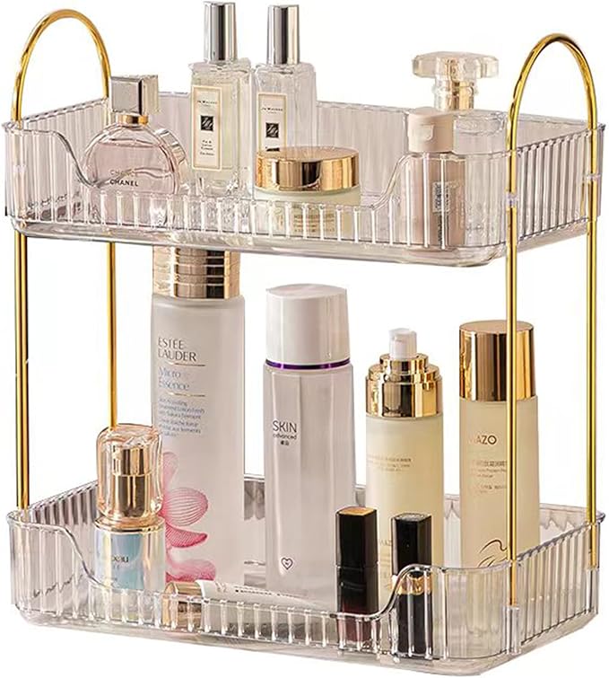 2 Tier Clear Countertop Storage - Bathroom & Kitchen Organizer, Cosmetics & Makeup Shelf, Spice Rack