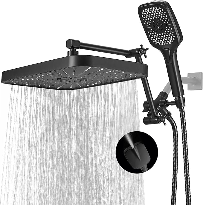14 Inch Large Shower Head with Handheld Spray Combo and Extention Arm, Rain Rainfall Waterfall High Pressure Shower Heads, Modern Showerhead with 3-Way Diverter - Height/Angle Adjustable(Matte Black)