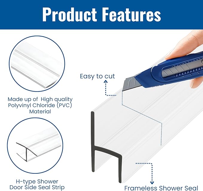 KC Hardware 85 Inch Frameless Shower Door Side Seal Strip, H-Type Glass Shower Door Seal Strip (180 Degree) for 1/4 Inch(4-6mm) Thick Glass, Water Guard That Prevents leaks, Ultra Clear (Pack of 4)