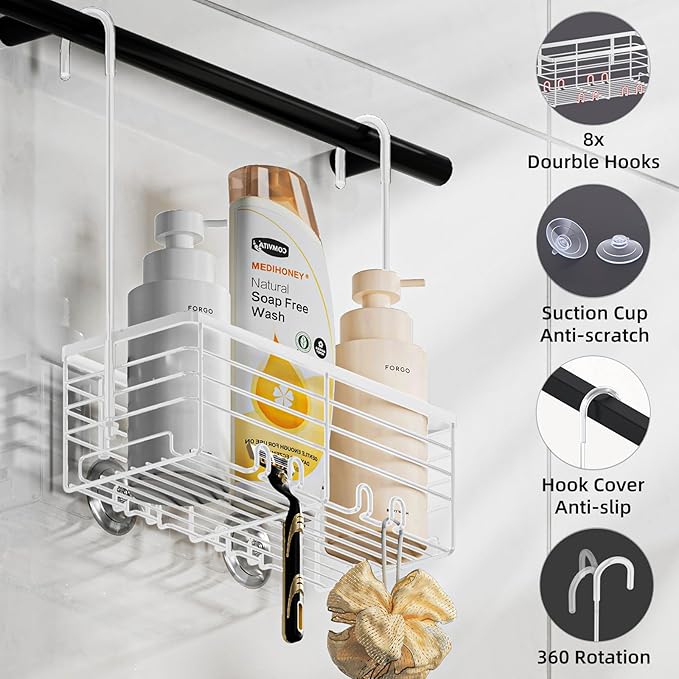 SHANSHUI Shower Hanging Caddy, Bathroom Shower Organizer Basket, Shampoo Bracket, Over Door Showers Rack with Hooks, 304 Stainless Steel Rustproof White