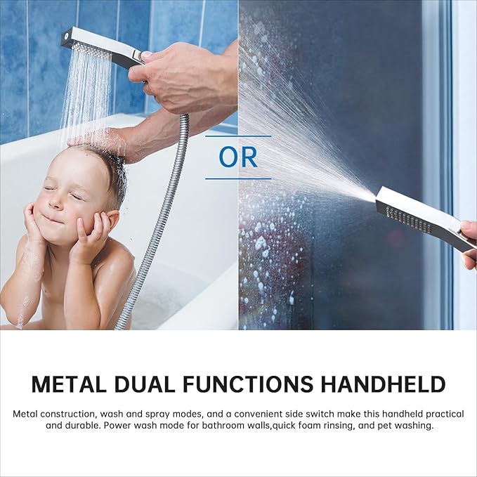 G-Promise All Metal 14 Inches Rainfall Shower Head with Handheld Spray Combo, 3 Settings Diverter, Adjustable Extension Arm with Lock Joints, 71 Inches Stainless Steel Hose (Chrome)