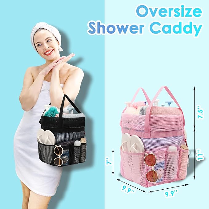 Mesh Shower Caddy Portable with Drawstring, Dorm Room Essentials for College Girls Guys, 8-Pocket Extra Large Shower Bag Basket Tote for Camping Beach Gym Travel Toiletry Bathroom
