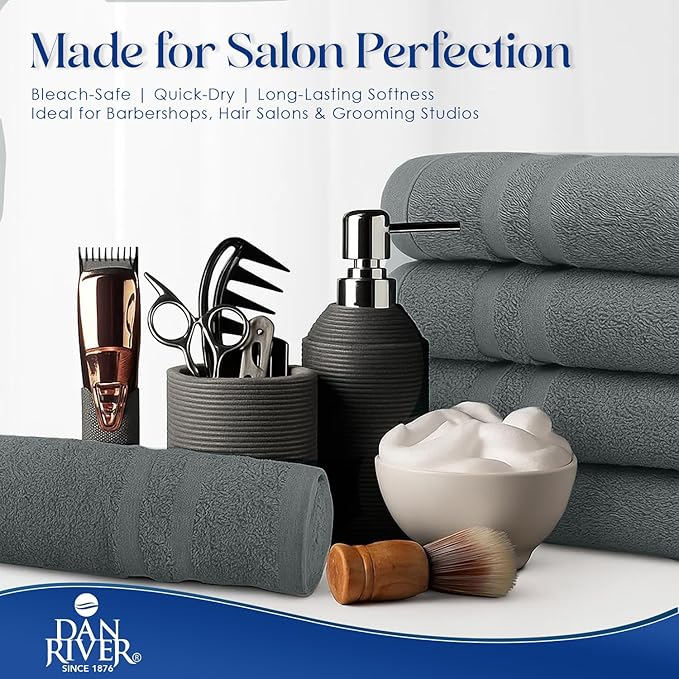 DAN RIVER 100% Cotton Salon Towels Set – 16x26 inches, Pack of 24, Highly Absorbent and Quick-Dry Towels for Hand, Salon, Spa, Beauty, Gyms and Home Hair Care, Grey