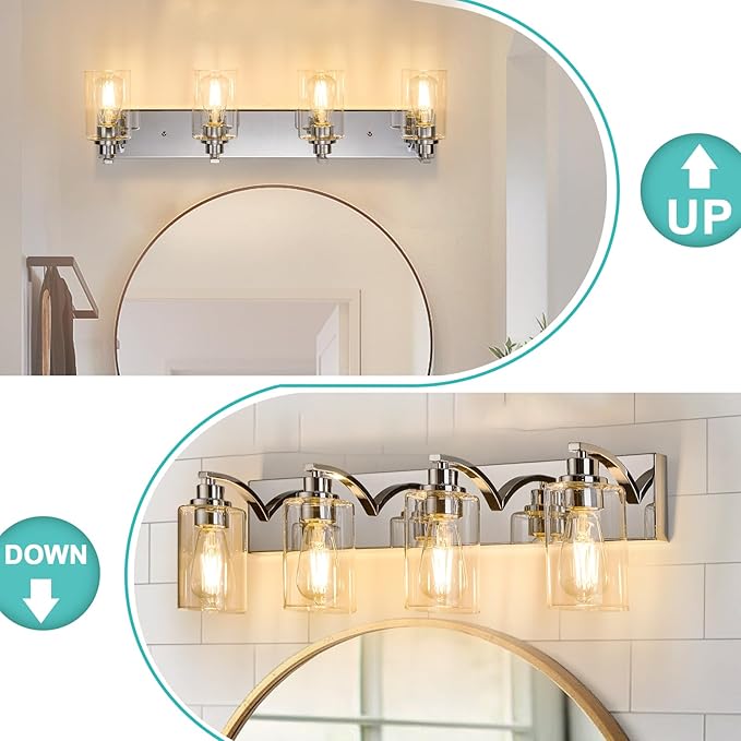 4-Light Bathroom Light Fixtures Modern Chrome Vanity Lights for Bathroom Lighting Fixtures Over Mirror with Clear Glass Shade for Cabinet Mirror Bedroom Hallway