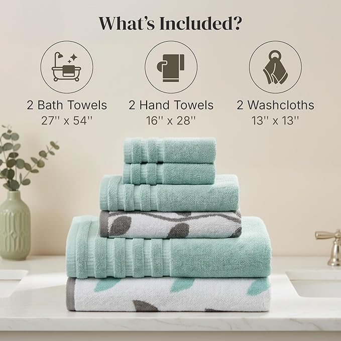 Modern Threads Organic Vines 6-Piece 100% Cotton Towel Set – Yarn Dyed Jacquard & Solid – Includes 2 Bath Towels, 2 Hand Towels, 2 Washcloths – Absorbent, Quick Dry, Soft & Durable – Aqua
