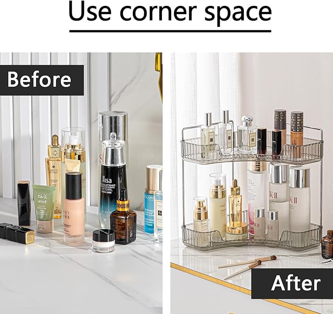 2-Tier Corner Bathroom Counter Organizer – Classic Storage Shelf for Makeup, Perfume & Toiletries, Space-Saving Countertop Tray Fits Bathroom, Dresser, Kitchen (Slate Gray)