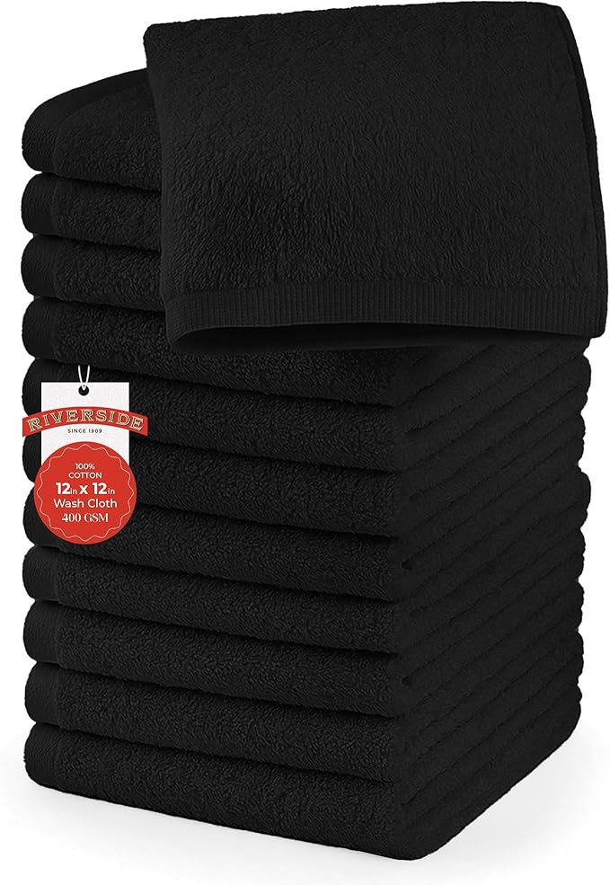 RIVERSIDE 12 Pack Washcloths - 12x12 Inches, 400 GSM, 100% Ring-Spun Cotton - Soft, Absorbent & Durable Face and Body Towels - for Bathroom, Spa, Gym, Makeup Removal & Everyday Use - Black