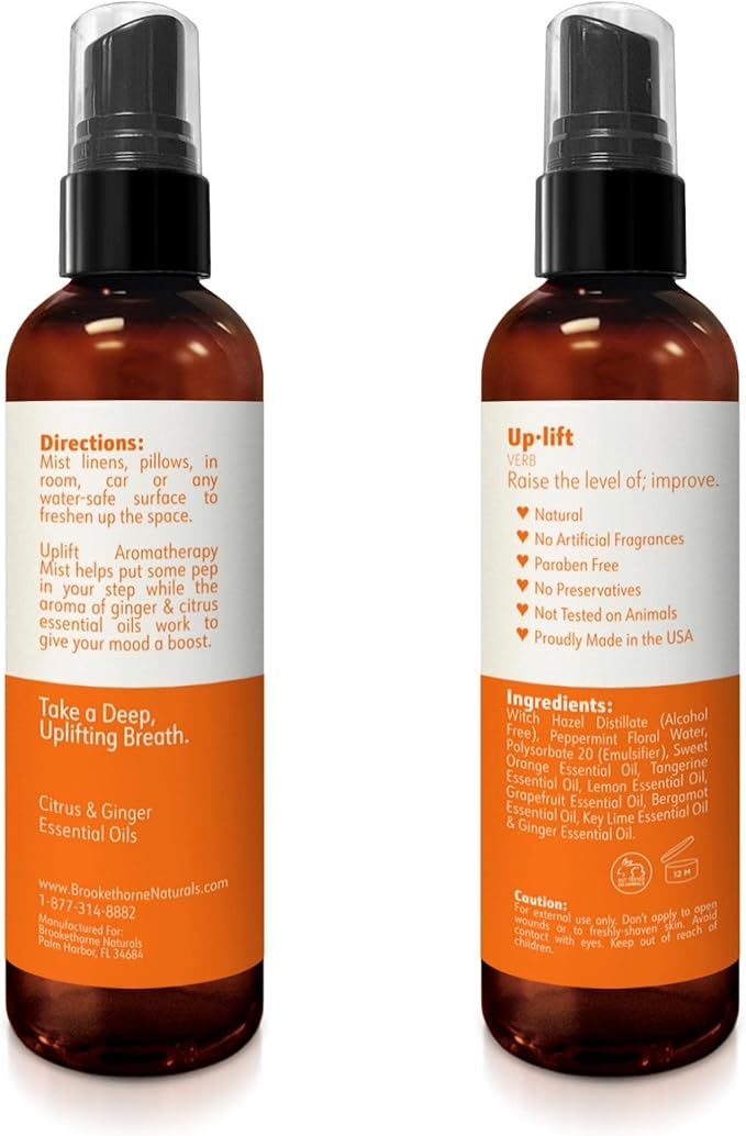 Uplift Aromatherapy Room Spray for Energy Boost. Lemon, Bergamot & Ginger Essential Oil Multi-Use Citrus Spray, Linen Mist, Natural Car Air Freshener & Closet Deodorizer by Brookethorne Naturals