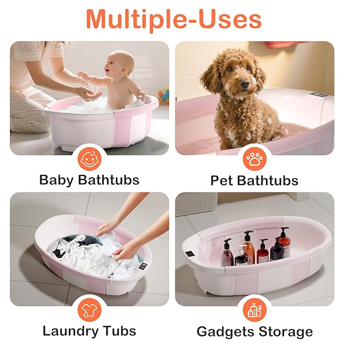 Collapsible Baby Bathtub - Large Baby Bath Tub with Thermometer & Cushion | Travel Portable Newborn Infant Bathtub | Foldable Toddler Bathtub for Baby 0 to 36 Months (Pink)