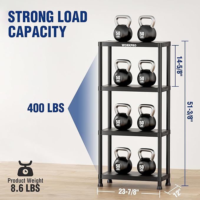 WORKPRO 4-Tier Plastic Storage Shelves, 400lb Capacity Shelving Unit, 51.4" H x 23.9" W x 12" D, Storage Rack for Garage, Home, Pantry, Office, Laundry, Tool-Free Assembly, Black