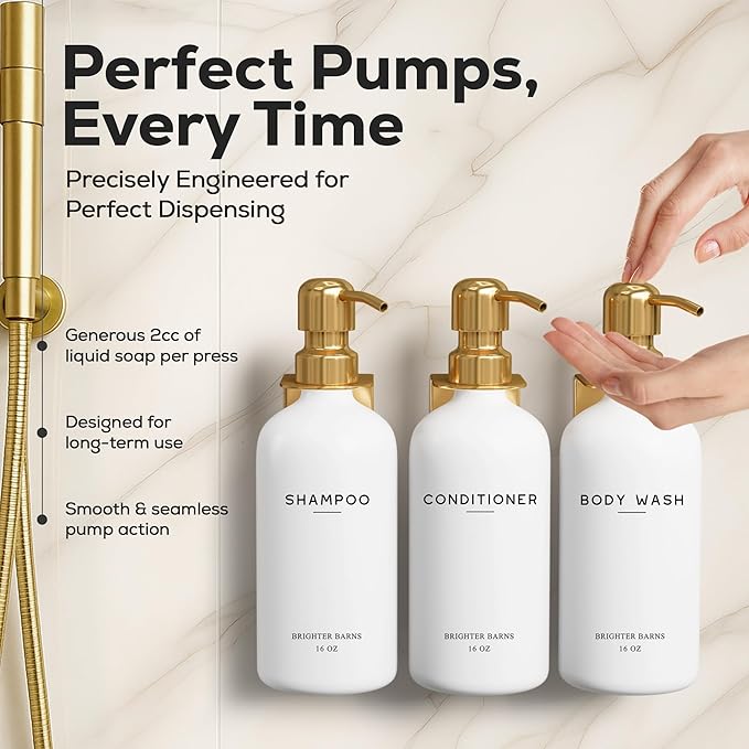 Luxury Shampoo and Conditioner Dispenser Set Wall Mounted by Brighter Barns - Refillable Shampoo and Conditioner Bottles - Shower Dispenser 3 Chamber No Drill - White and Gold Bathroom Decor (Gold)