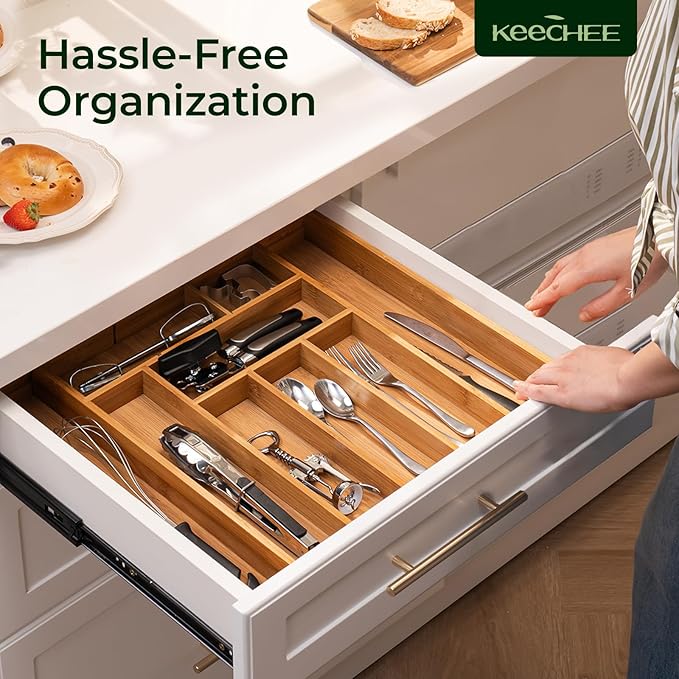 Carbonized Bamboo Kitchen Drawer Organizer, 10 Slots Expandable Silverware Organizer, Utensil Holder & Cutlery Tray, 2.2" Deep for Extra Capacity, Non-Slip Feet Included