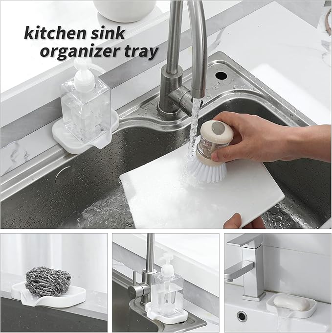 Silicone Bathroom Soap Dishes with Drain Spout-Bathroom and Kitchen Sink Organizer,Sponge Holder,Dish Soap Tray,Perfect for Dispenser,Scrubber,Bottle,Cup on Sink or Counter-White 4.9"×3.2"