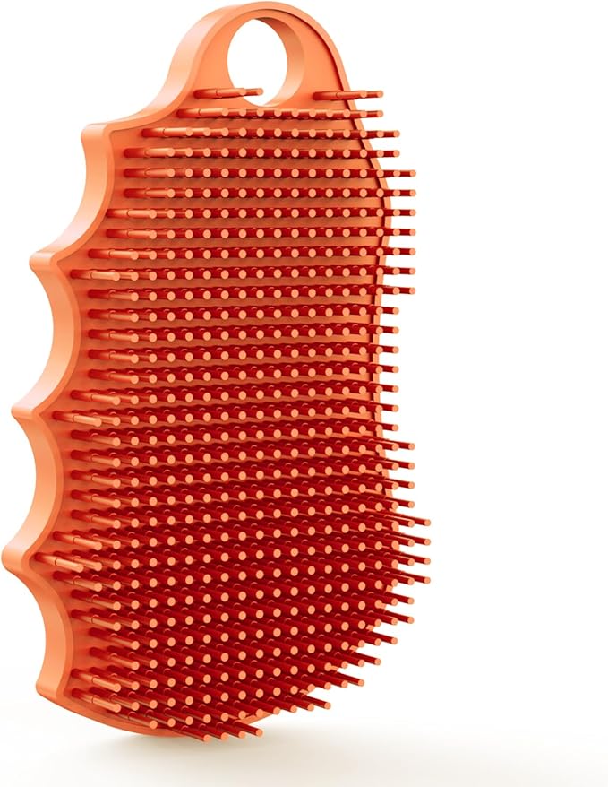 Silicone Body Scrubber Silver-Infused Dual-Sided 3-in-1 for Shower, Body Cleaning+Massage+Exfoliator Body Brush Buffer for Men and Women, Silicone Loofah, Non-Slip Handle (Orange)