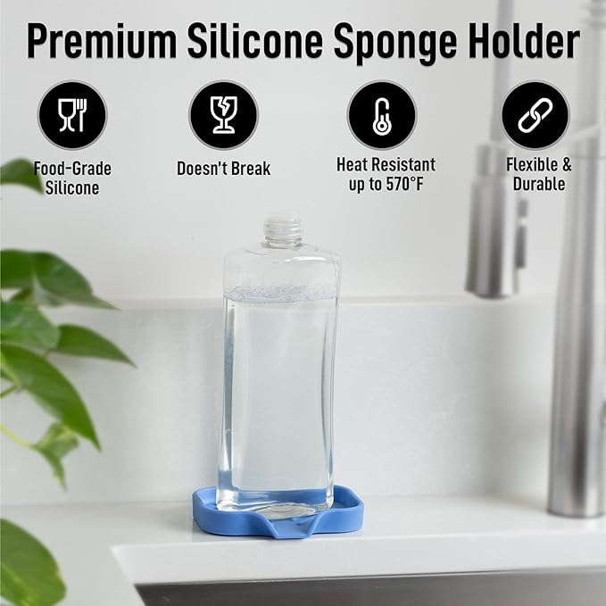 Zulay Kitchen Small Silicone Sponge Holder (4.9x3.3”) – Space-Saving Sink Organizer Tray for Sponge, Soap, Brush & More – Compact Non-Slip Dish for Kitchen & Bathroom (Provence Blue)