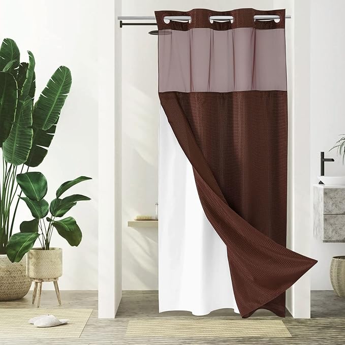 Gibelle Stall Small Shower Curtain 36x74, Waffle Weave Shower Curtain with Snap-in Fabric Liner Set, No Hooks Needed, Hotel Style with Mesh Top Window, Brown